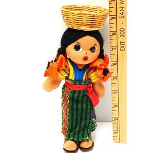 Girl w/ Basket on Head Doll Handmade Hispanic Collectible Vtg Cloth Souvenir